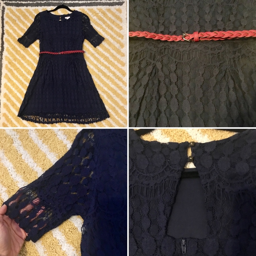 Navy blue lace dress, lined, keyhole cutout, belt